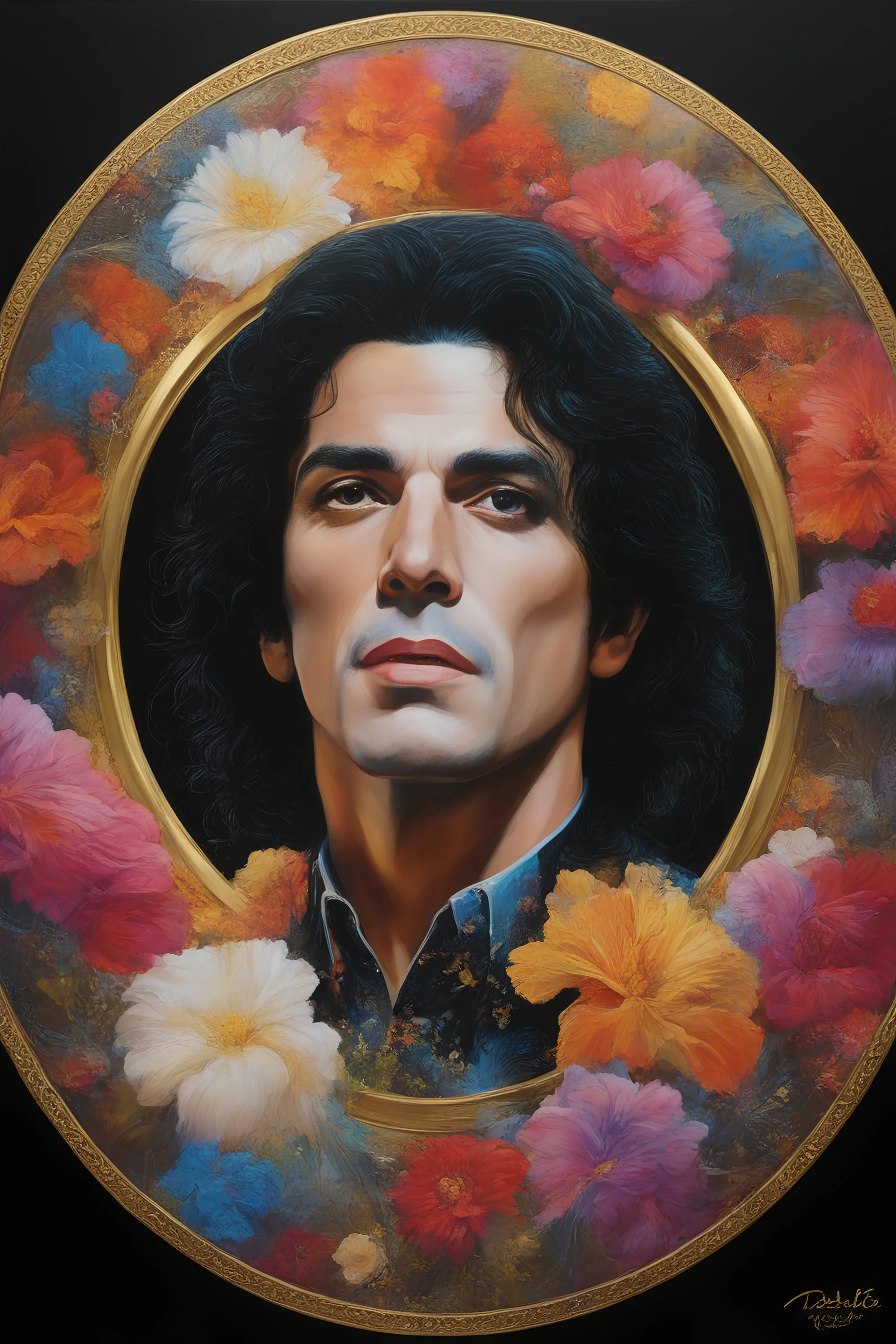 Count Dracula's face inside a small gold circle, Michael Jackson/Henry Cavill/Leonard Nimoy, multicolored, large, Floral/rainbow designs, atmospheric, beautiful, bright, vibrant colors, pitch-black background, oil painting by Boris Vallejo, 4k UHD, Photorealistic, professional quality