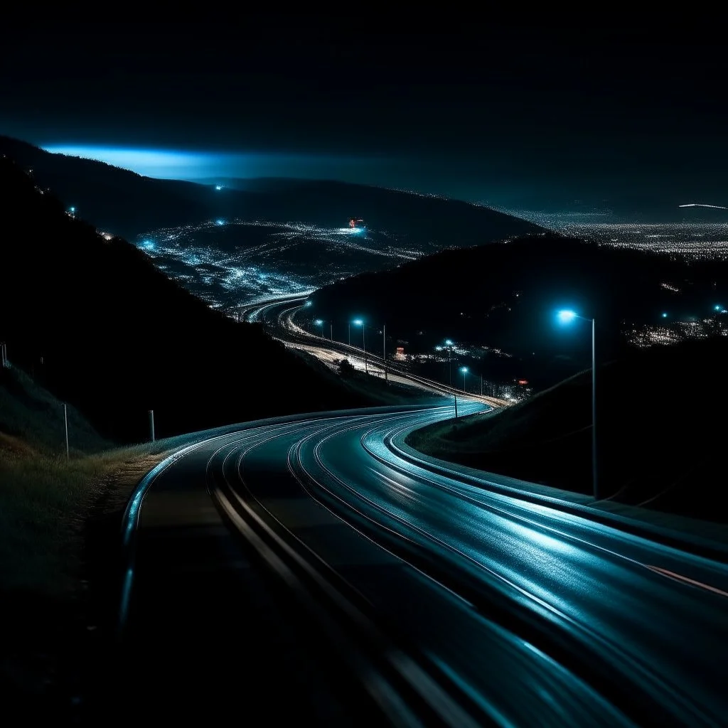 night time, a car dashboard lighting up, a dark mountain road in the windscreen, with a beautiful city in the distance, photo quality