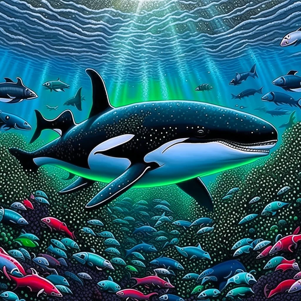 a very detailed orca in the ocean surrounded by a school of little fishes. Realistic, underwater world, enchanting, dangerous.