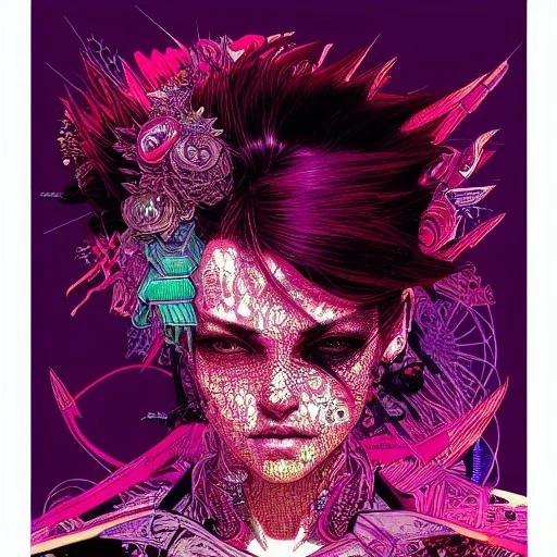 beautiful punk girl, hyper detailed, hyperdetailed, intricately detailed, illustration by <kilian eng> <Yoji Shinkawa>, purple tones,