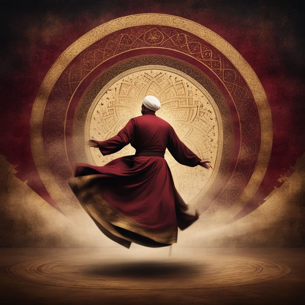 Hyper Realistic Sufi Whirling with Golden, Maroon & Black Islamic Sufi Rustic Grungy Background with Islamic Architecture at night with Whirling wind