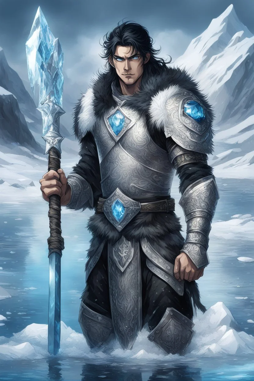 1 anime man. warrior, with blue eyes and black hair man in silver Viking armor with fur around the neck with blue crystal on his chest, standing in water in the artic, holding a ice axe, warrior in anime style,