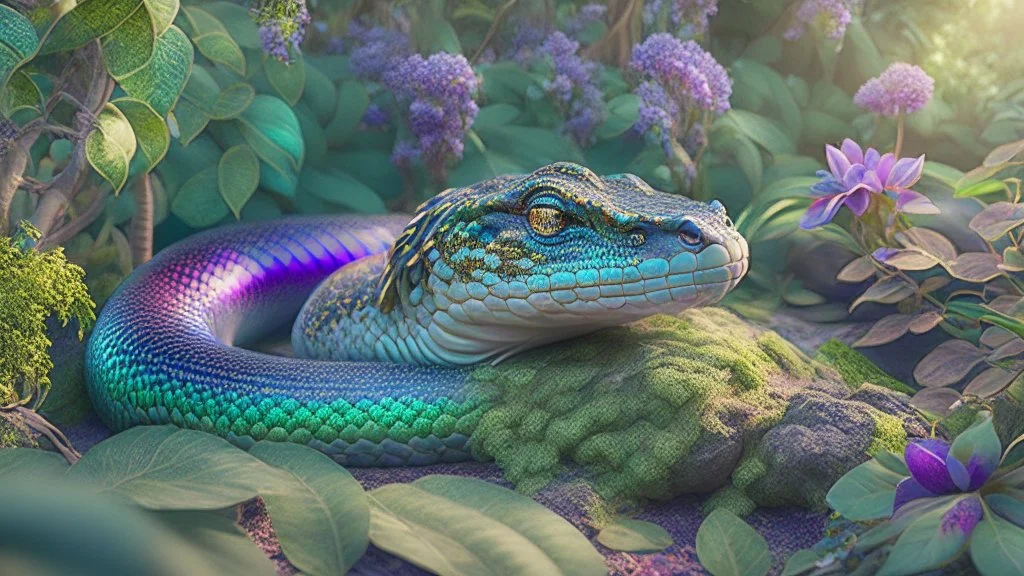 Serpent in the Garden of Eden, hyper-realistic, HD 8K, sharp detail, iridescent scales