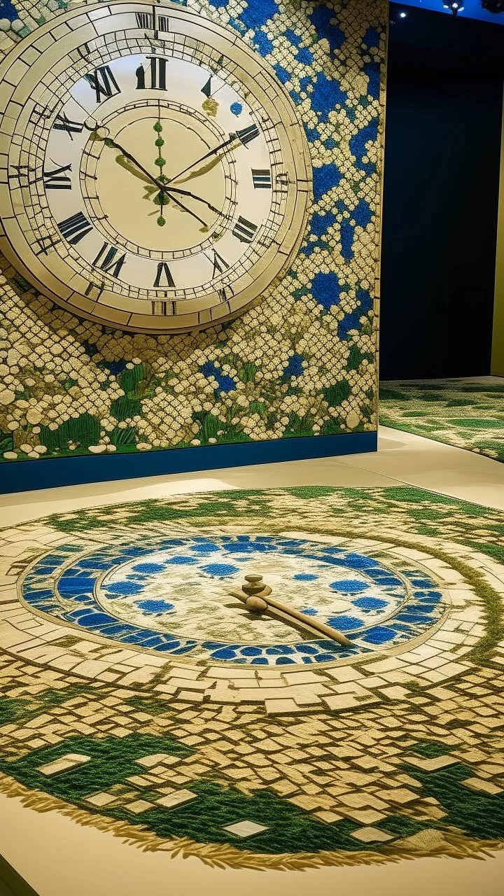 A beige watery and grassy springs with broken clock designed in ancient Greek mosaics painted by Katsushika Hokusai