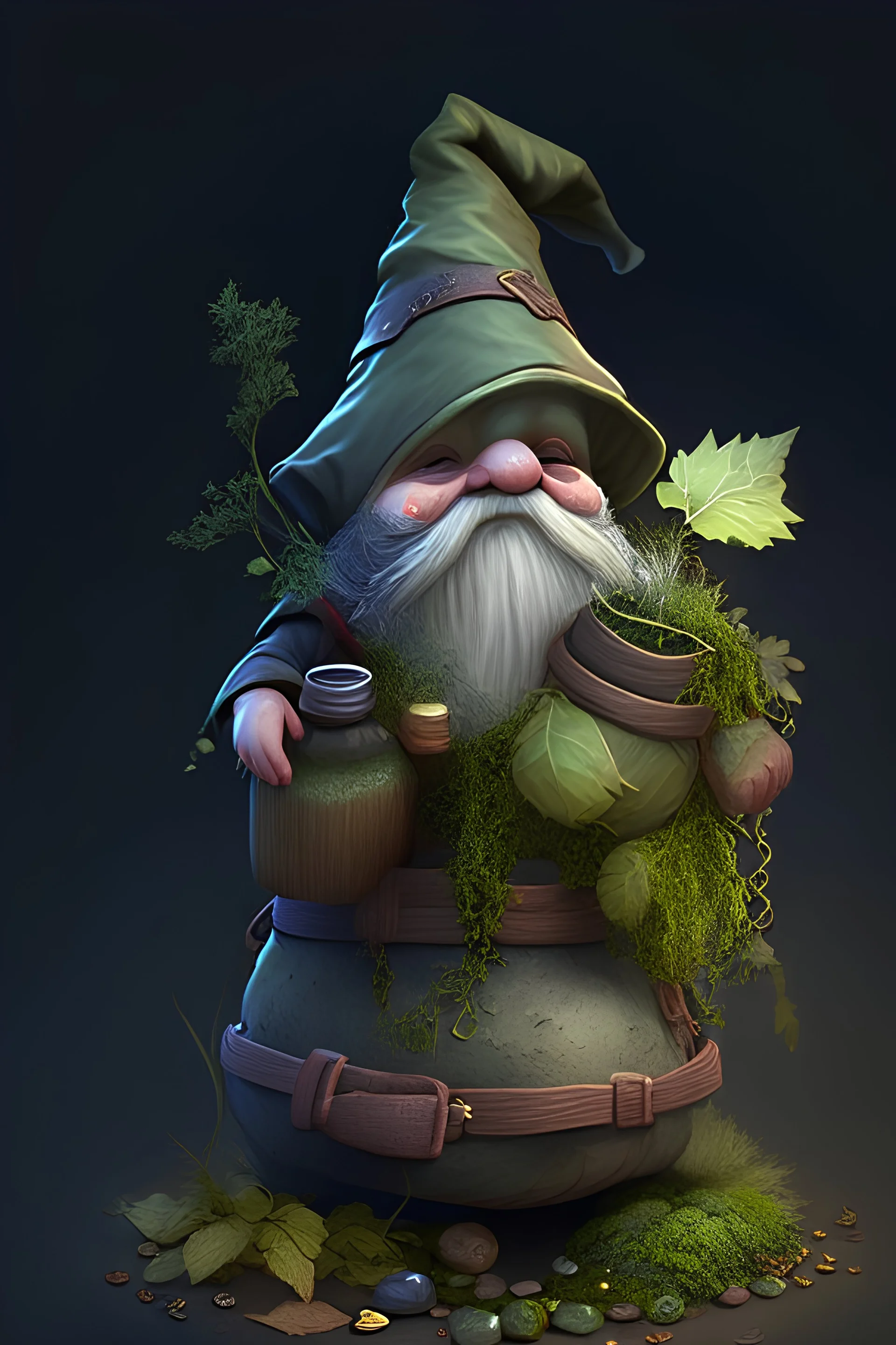 gnome with sack of herbs and healing potions