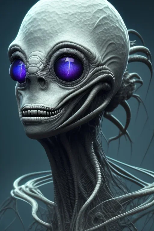 spider alien, head,8 eyes, smile, 8k, finely detailed, photo realistic, HR Giger style