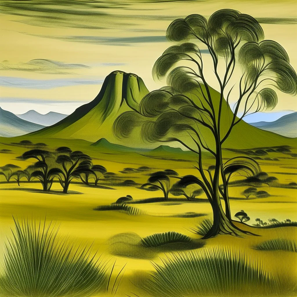 A green African landscape with Karoo trees, brushy grass, and a mountain in the background designed in African pottery painted by Pablo Picasso