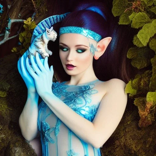 a beautiful sourceress, dressed in a transparent intricate blue dress, leaves in the hair,elf like ears, resting with a white tiger, high definition, high contrast