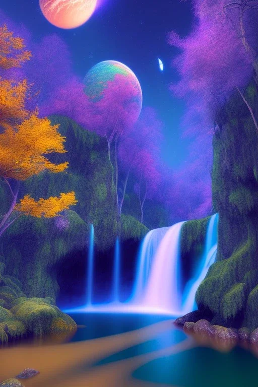 waterfall, planets, deep colors, land, floral, trees, cinematic lighting, octane render, ambiance, professional photo