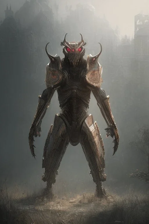 Tiefing assassin character crouching, yellow eyes, dark hair, dark armor, waist up portrait, Demonic tail, hyperrealistic, intricate details, insanely detailed, cityscape background, natural lighting
