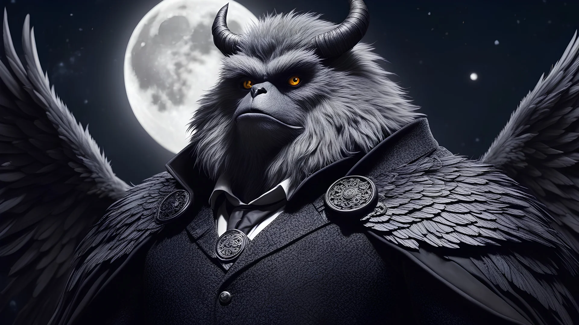 closeup big stocky gray furry monster man with dark wings, in Victorian suit, night, full moon, 8k, high quality, trending art, trending on artstation, sharp focus, studio photo, intricate details, highly detailed, by greg rutkowski