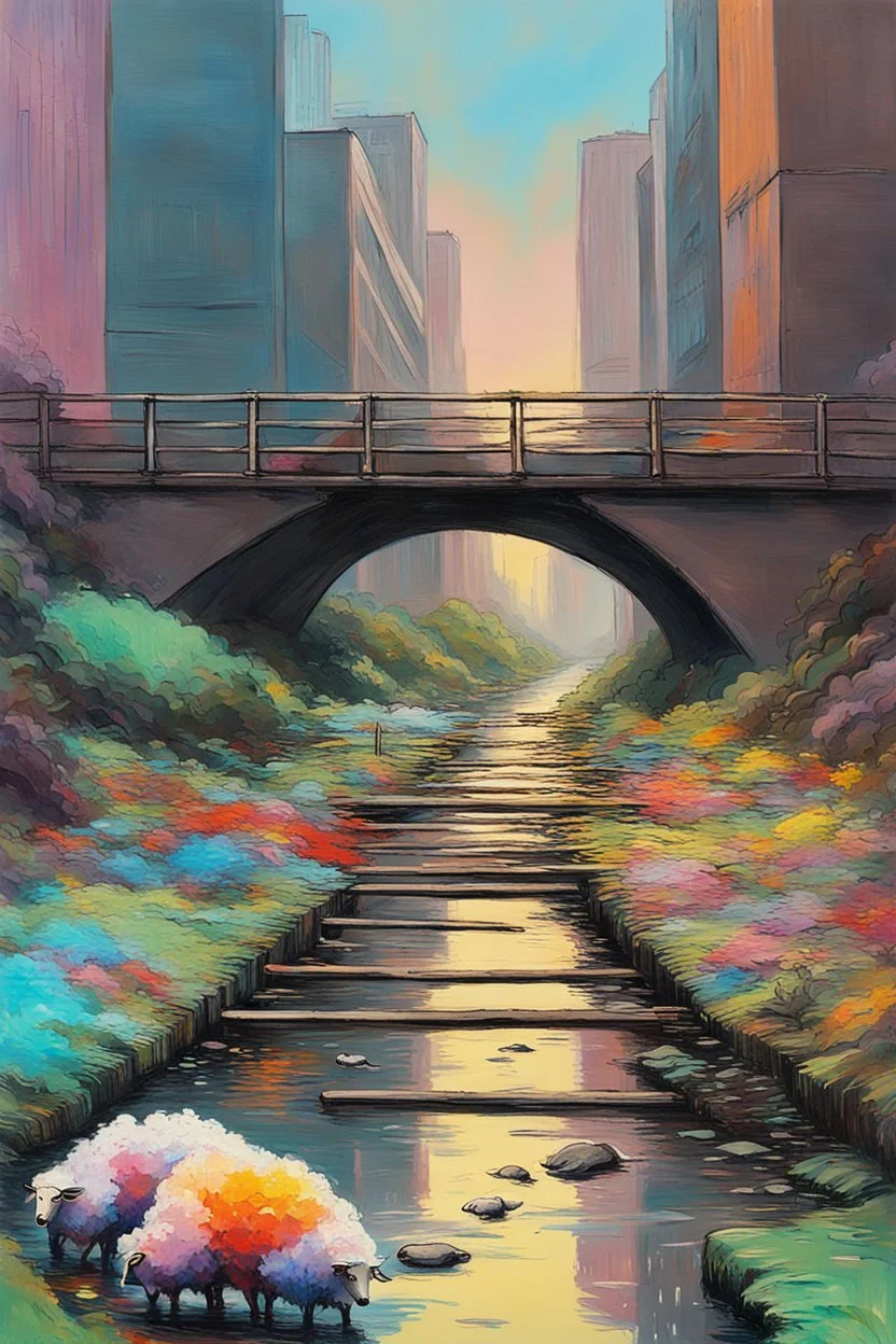 painting of a cyberpunk colourful natural walkway rubbish on the street in the city with pollution and a small bridge by a creek with electric sheep and androids by monet