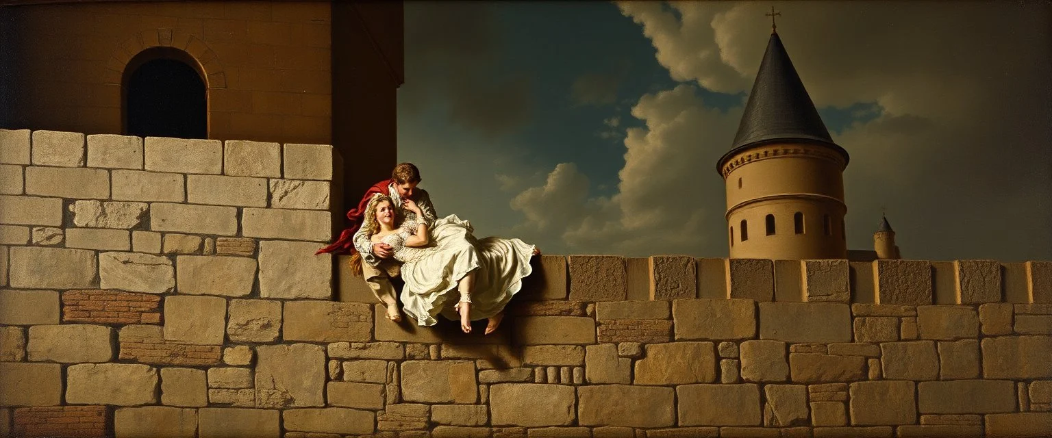 master oil painting by Rembrandt, princess and lover falling down from castle wall