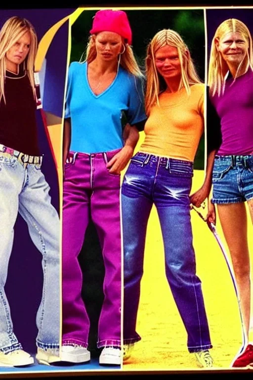 year 1996 denim fashion. Loose fit, low waist, baggy. Colors: denim blue, blue, purple, khaki, light green, lilac, plum, orange, terracotta, red, light yellow, lion yellow, pink, dark blue, beige. Women models. Jennifer Lopez, Kate Moss, Gwyneth Paltrow. Big tennis shoes on.