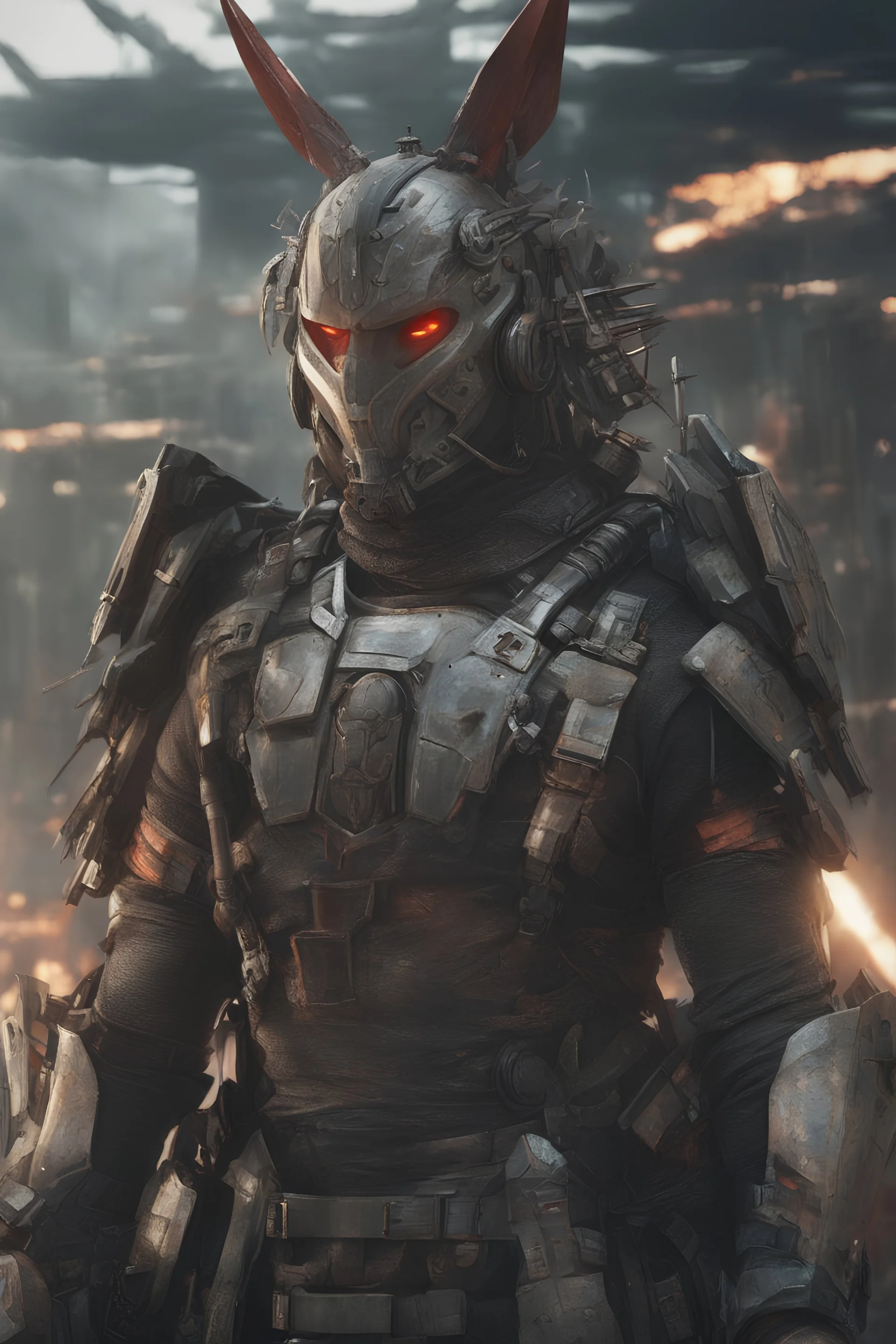 Portrait of Anime depiction of a cybernetic samurai in a post-apocalyptic setting, focusing on the intricacies of the armor and weaponry, 8k realistic