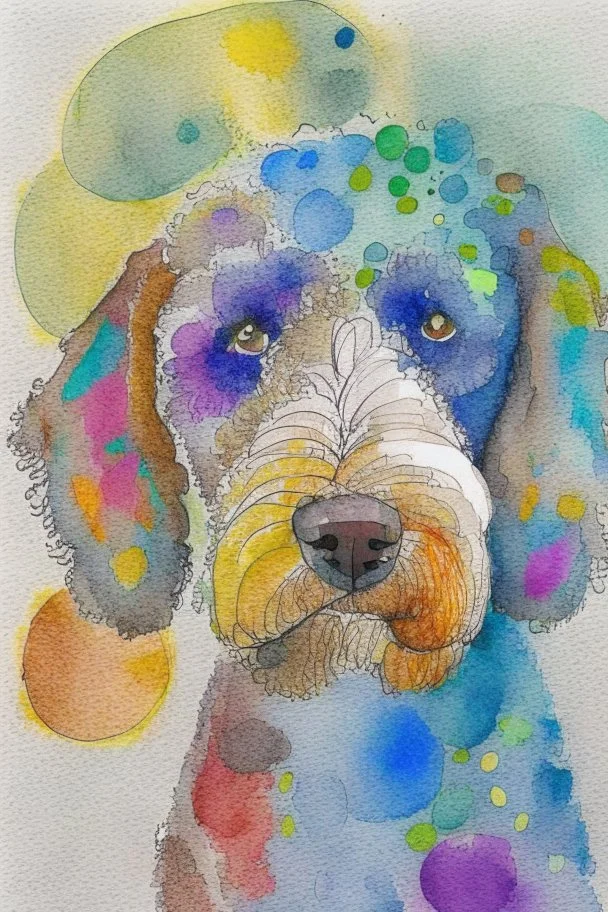 abstract watercolour of the head of bernadoodle dog in the style of paul klee with circles of colour and pencil outlines