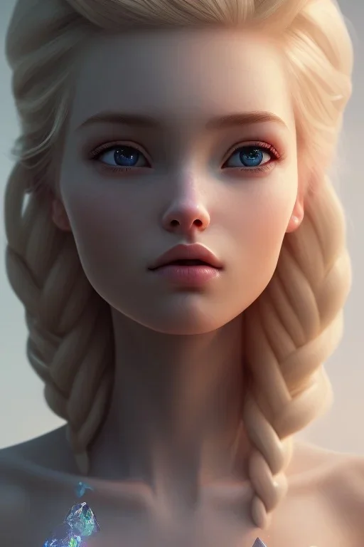 20 year old girl, cute, beautiful, blonde hair, Elsa hair, blue eyes, big eyes, pale skin, blue dress, ice dress, long eyelashes, pink lipstick, thin lips, small nose, 8k resolution concept art portrait by Greg Rutkowski