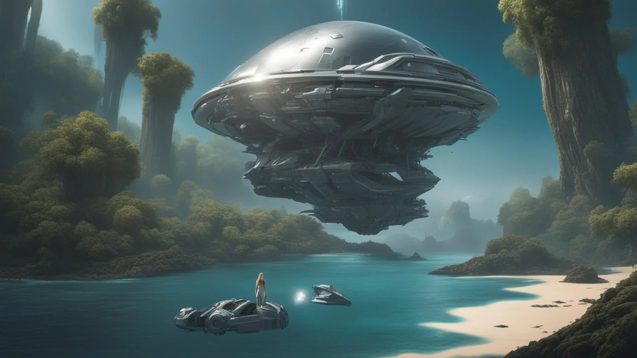 futuristic floating island suspended in the air, cities, fantasy, A woman with blond hair in a robotic silver catsuit, standing on the right of a partially submerged sleek crashed spaceship, on an alien beach, with towering alien trees, high details