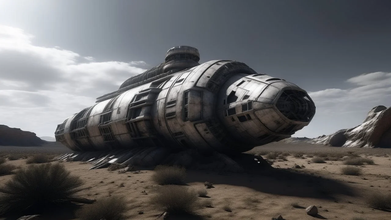 Sleek Cargo Spaceship Sitting In A Ruined Landscape