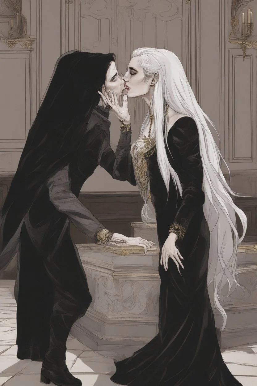 Toomb of the vampire Count Strahd Von Zarovich. Grand room, stone and marble, dark, black coffin made of polished ebony wood and brass. No windows. Perspective close to the coffin. Strahd leaning back on the coffin, being kissed by a woman with long white hair.