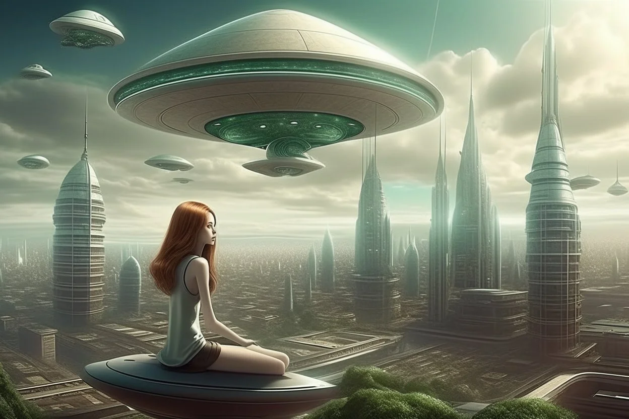 beautiful woman riding flying saucer over future alien city