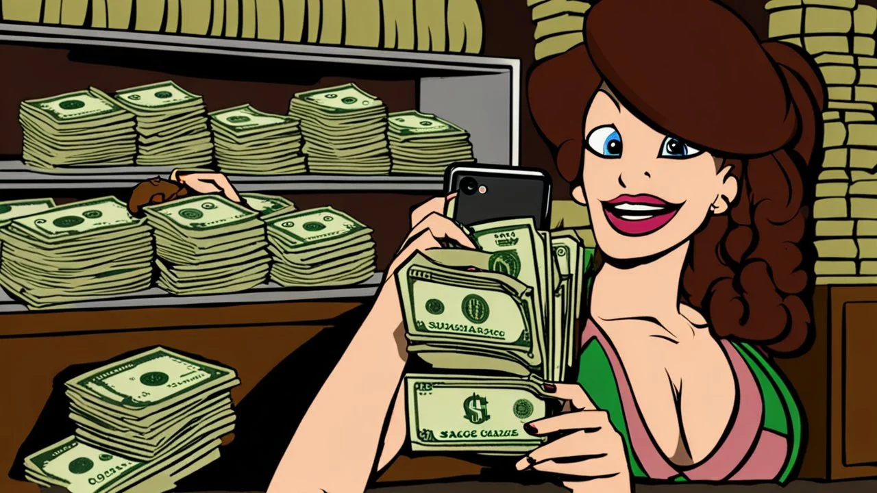 Miss sausage fingers trying to use her iphone next to stacks of cash