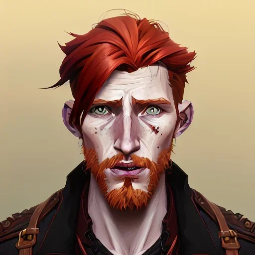 Portrait of Courtney Gains as a ruggedly handsome but joyful roguish pirate, charismatic, attractive male, masculine, perfect, precisely detailed, lightly freckled face, meticulously detailed multi-hued ginger carrot colored cherry fire red hair; Malachai of the corn; fantasy, intricate, elegant, highly detailed, digital painting, artstation, concept art, matte, sharp focus, illustration, art by artgerm and greg rutkowski and alphonse mucha