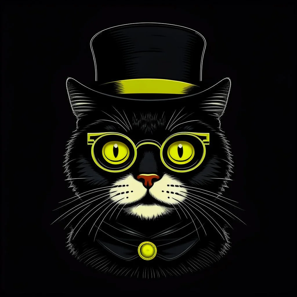 Drawing of a surprised cat with black jacket, hat and glasses, NFT style