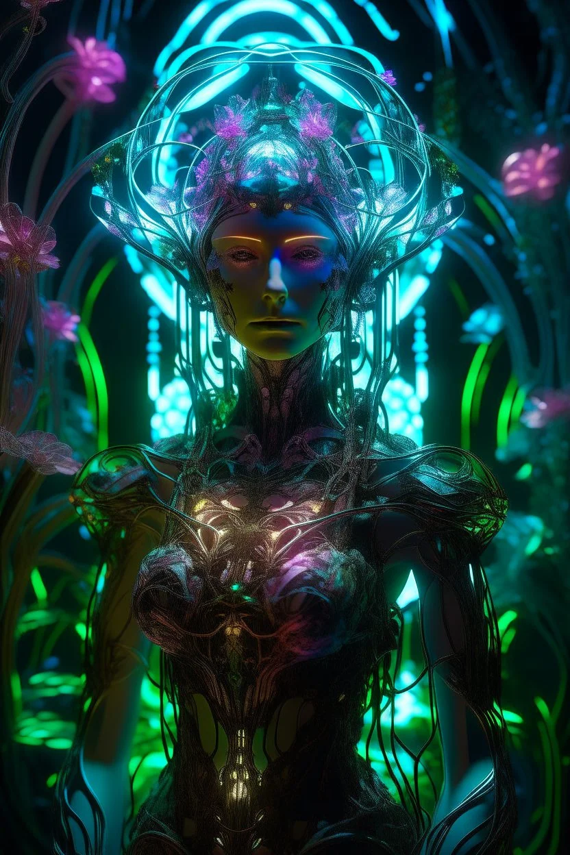 Princess in a dress, filigreed flowers, molten transparent glass and crystal in a magical neon forest, light elements, detailed leaves, cyberpunk flickers in the petals, light botanical, cyber art, art bionicle, cyberpunk style, 16k, 100mm lens, f/8, symmetry