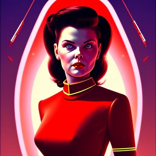 young sherilyn fenn, twin peaks, red curtain background, retro futurism, half portrait by stanley artgerm, dramatic lighting, ilya kuvshinov, trending on artstation, flat colour, geometric curves, gradient filter, pleasing tone colours, 5 0 s style