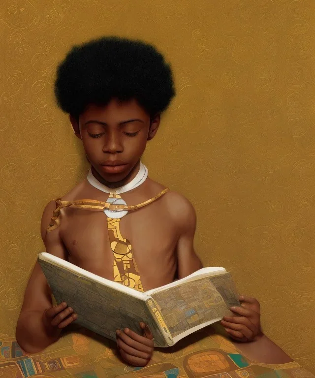 wealthy young african American boy reading by Gustav Klimt