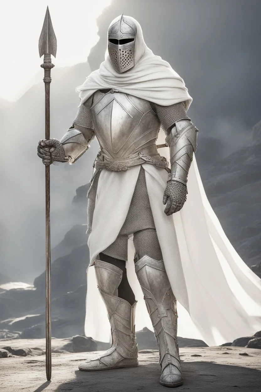 Knight wearing white chainmail armor and white cape with white mask, holding a spear
