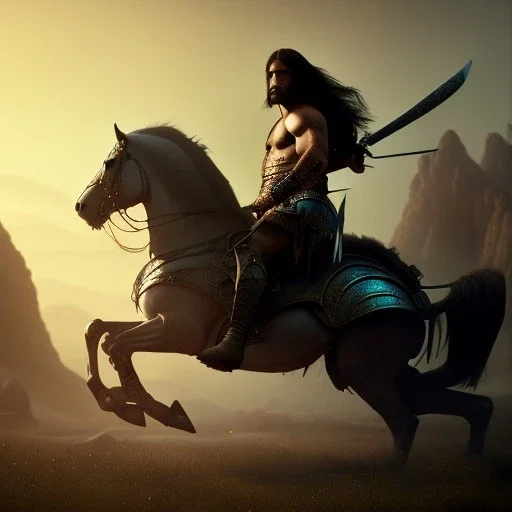 conan the barbarian as a conquistador riding a horse, uhd, realistic Epic cinematic brilliant stunning intricate meticulously detailed dramatic atmospheric maximalist digital matte painting, deep color, fantastical, intricate detail, splash screen, complementary colors, fantasy concept art, 8k resolution trending on Artstation Unreal Engine 5