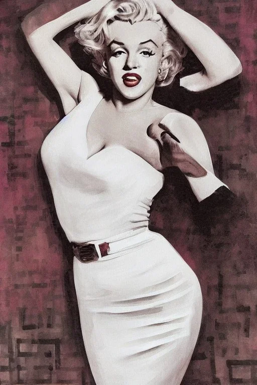 Painting, photorealistic, Marilyn Monroe, front view medium shot ankle-length white dress, white high-heeled shoes standing over a subway grating, dress billowing up, face slightly turned to the right arms holding the dress down, style of The Seven Year Itch