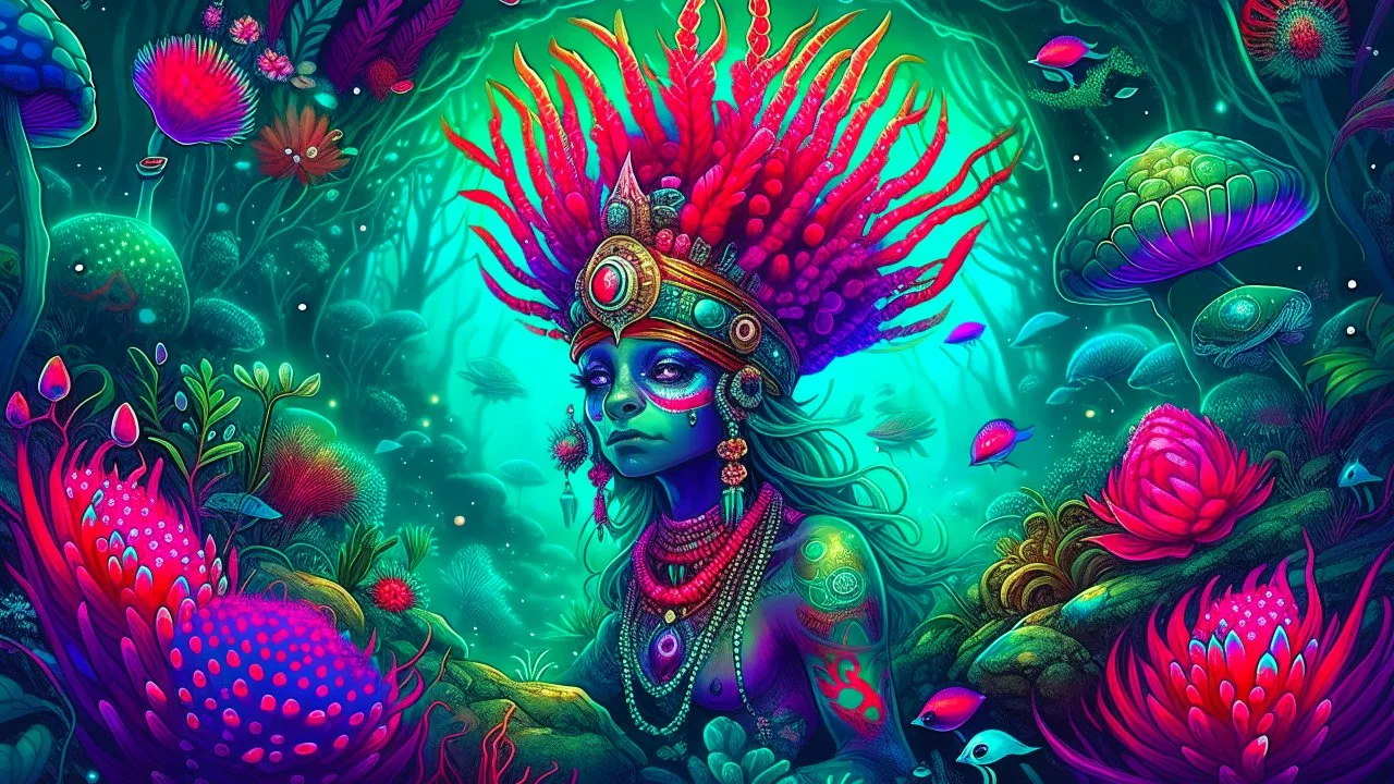 The image depicts a digital painting of a humanoid figure with an intricate headdress. The figure is surrounded by coral and sea plants, and there are red eyes visible in the artwork. The background features an underwater setting, with a forest of plants and an underwater castle.