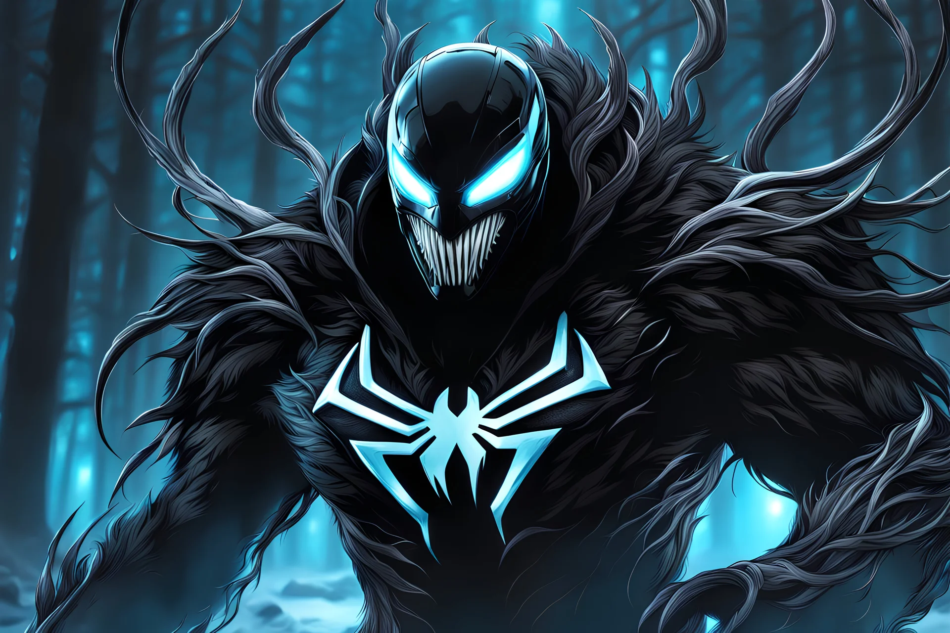 Shadow symbiote in 8k sci-art drawing style, bear them, neon ice power, ice forest, highly detailed, high details, detailed portrait, masterpiece,ultra detailed, ultra quality