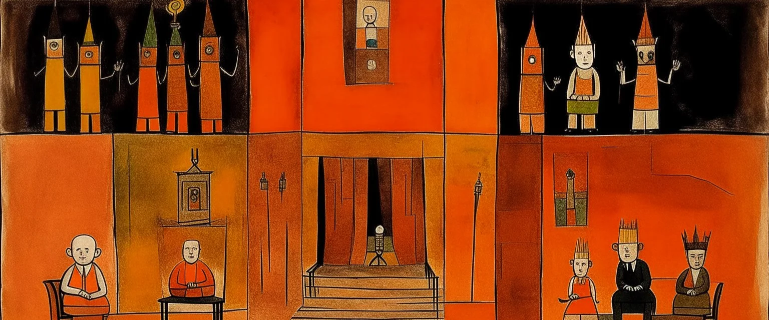 An orange theatre with jazz instruments painted by Paul Klee