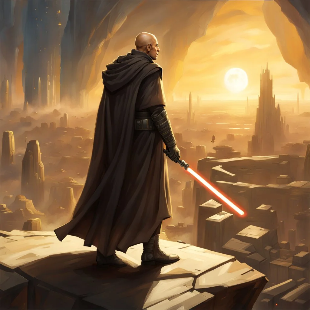 star wars bald male corellian jedi pilot wearing black and gunmetal grey old republic armored robes with gold trim, alone, battle-ready Jedi Master defending a ruined ancient city surrounded by golden light, centered head and shoulders portrait, hyperdetailed, dynamic lighting, hyperdetailed background, 8k resolution, volumetric lighting, light skin, fully symmetric details