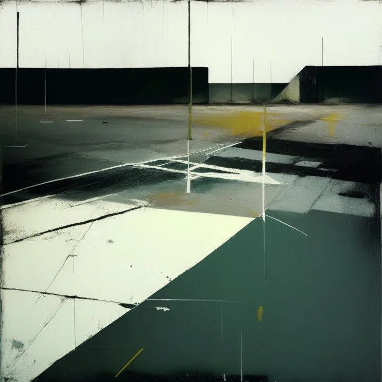 Minimal abstract oil paintings desolate 1960s carpark concrete body fragments. style of Justin Mortimer and Francis Bacon. road markings.