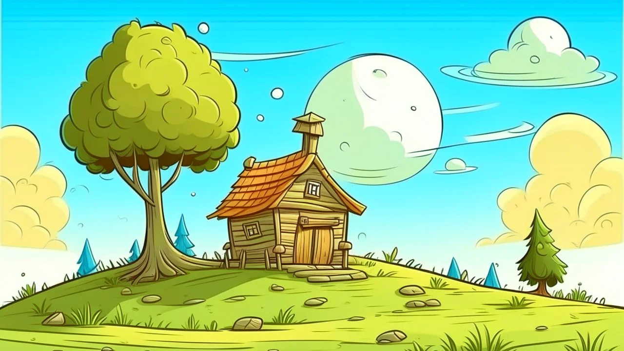 Cartoon style: far far away on the horizon between trees, a very small wooden house