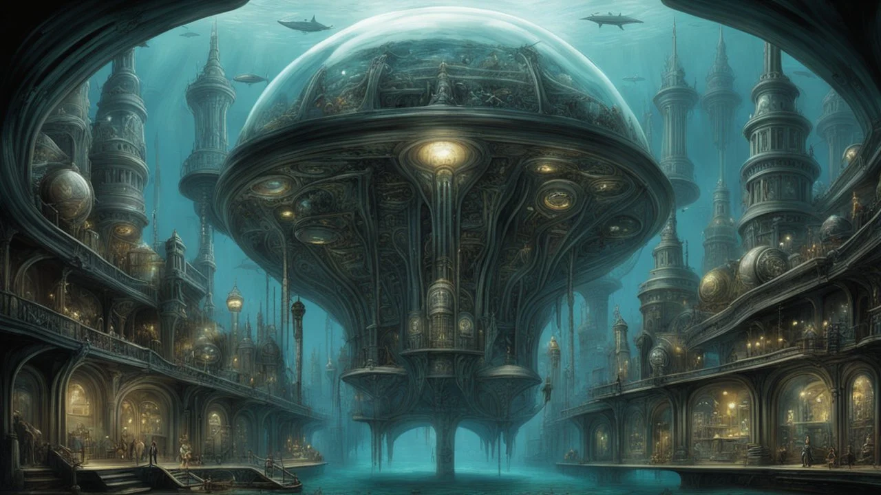 An underwater city built within colossal glass domes, with Victorian-era architecture and clockwork submarines navigating through schools of fish. The city's skyline is illuminated by glowing bioluminescent plants and steampunk gadgets. by H.R. Giger