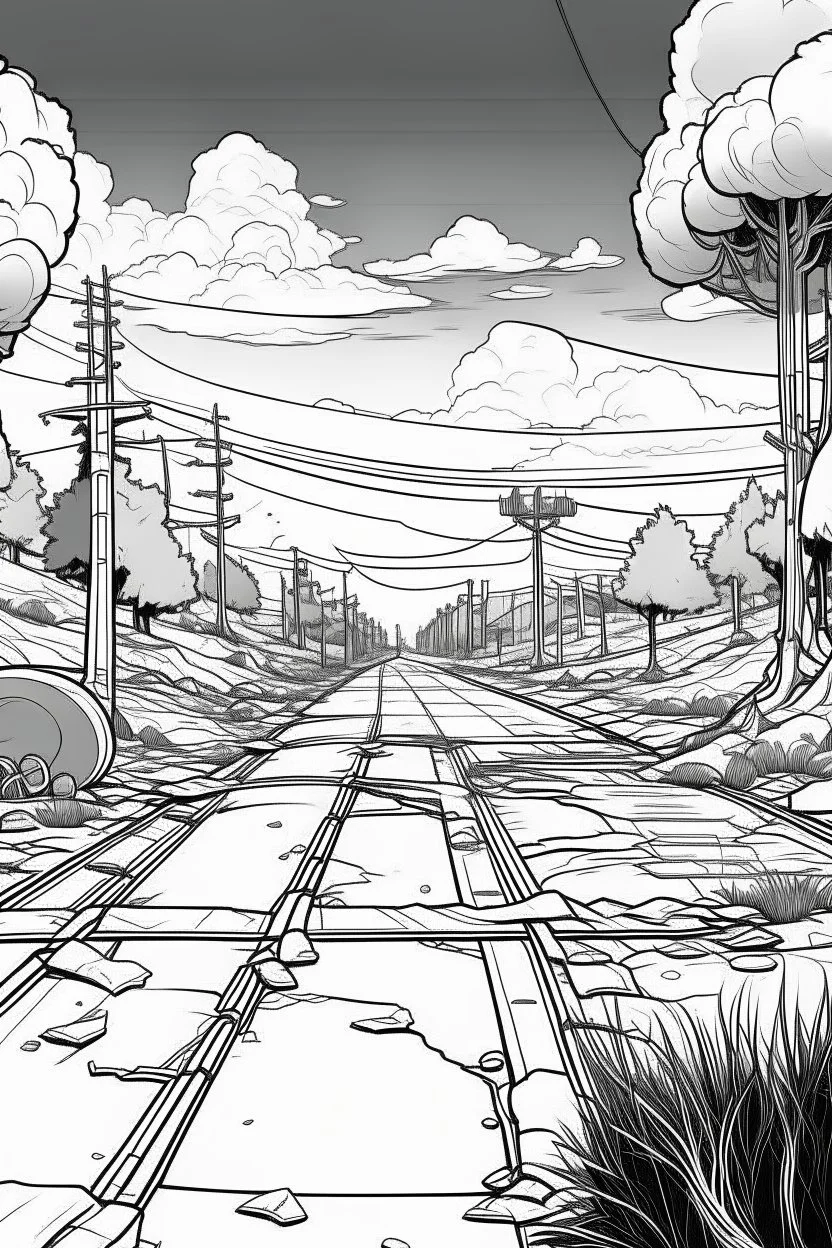Outline art, no shading, machine on the road, cartoon style, black and white, low detail, --ar 9:11