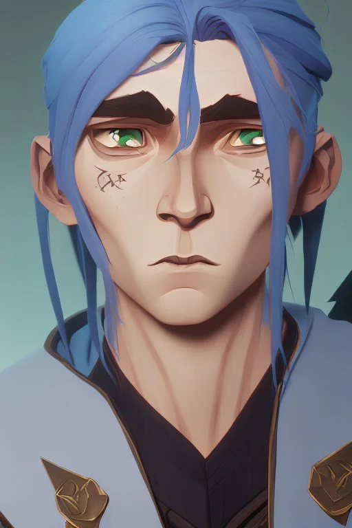 A tieffelin with blue skin and white Dreadlock hair. His pupil-less eyes are green. He wears a small beard. His horns are black and curved backwards. He wears a beige tunic.