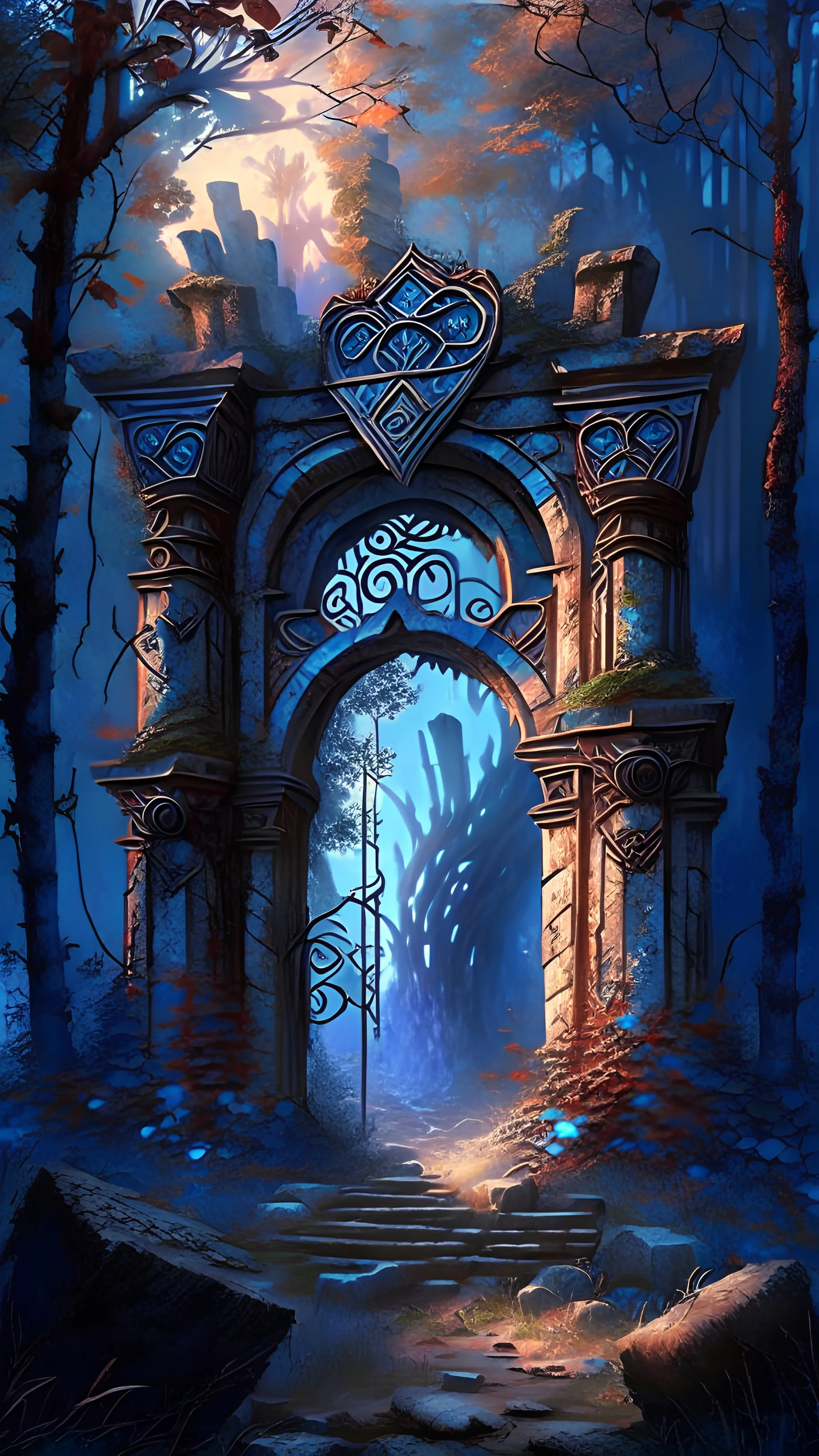 An ancient abandoned city gate in a forest that has grown over the city over the centuries in high fantasy style that gives off a cozy vibe, only blueish and reddish hue