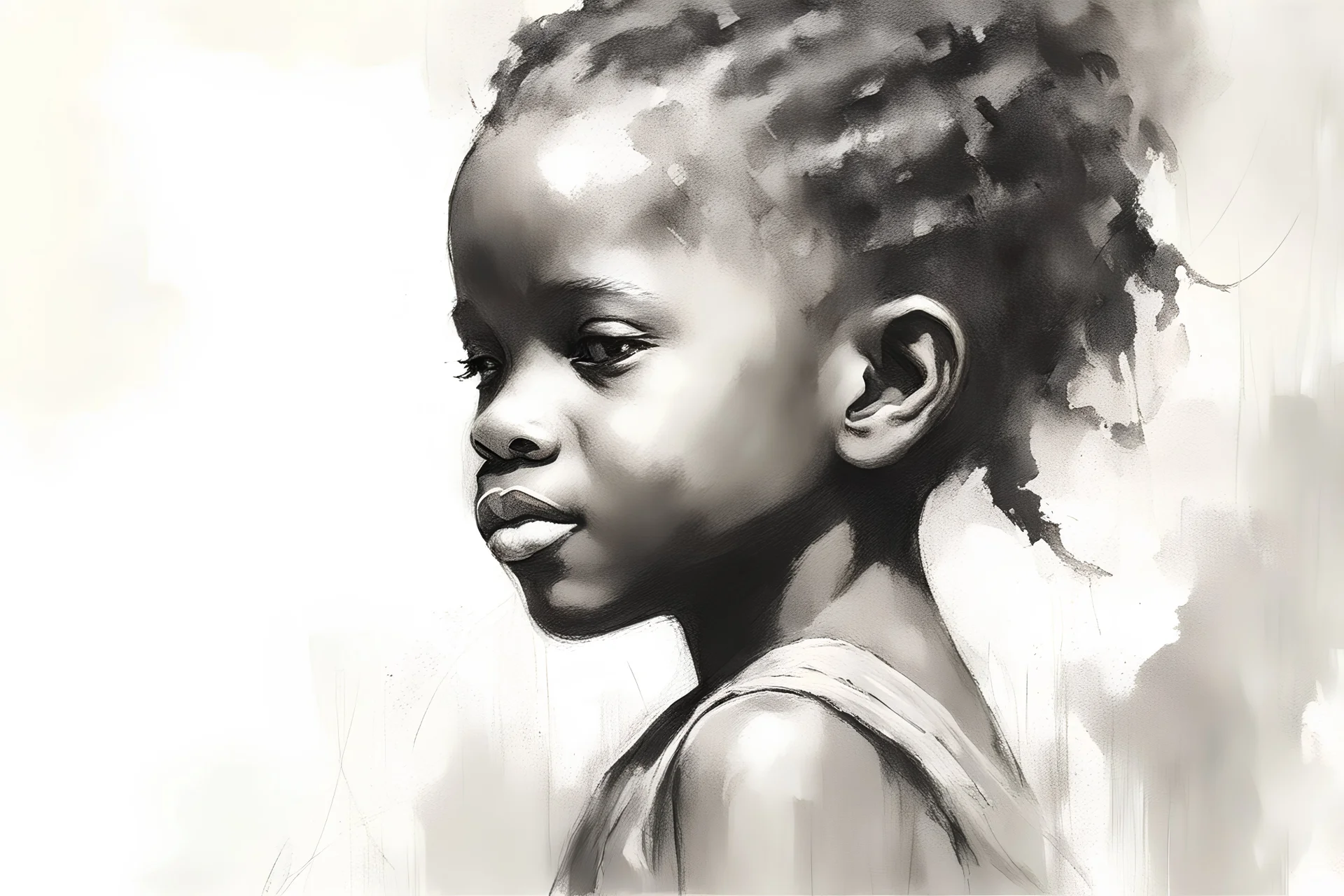 side viewdeep powerful evocative african portraits little girl smiling plaited hair abstract painting,JEREMY MANN ,charcoal pencil strokedcross hatch technique minimalist illustration