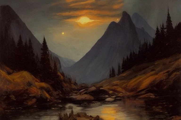 mistery night, mountains, rocks, river, epic, gothic and dark, wilfrid de glehn, friedrich eckenfelder, and anna boch impressionism paintings