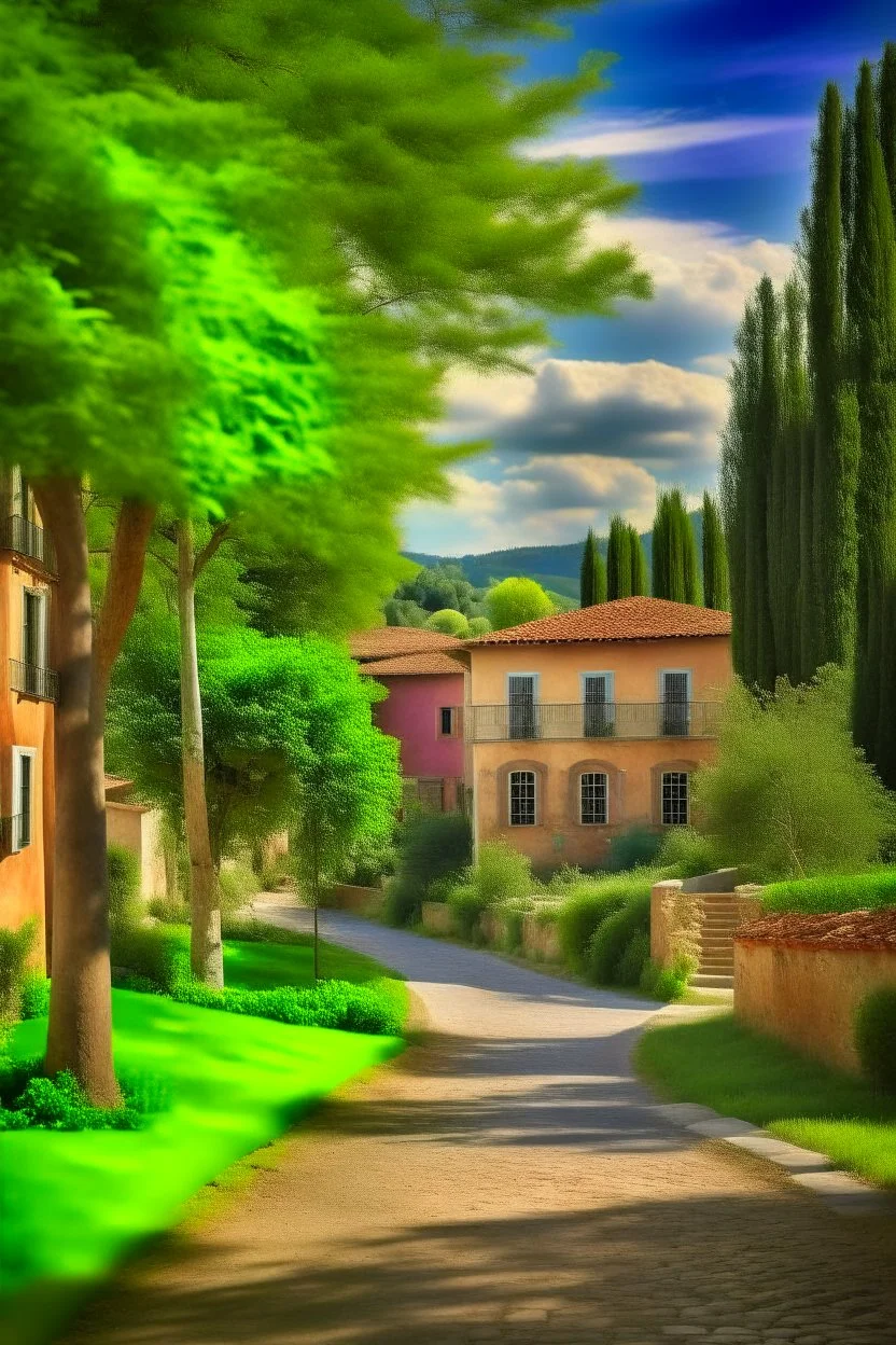 A realistic photo of a small Toscany town in late spring with trees and a surprising station in Henri Cartier-Bresson style