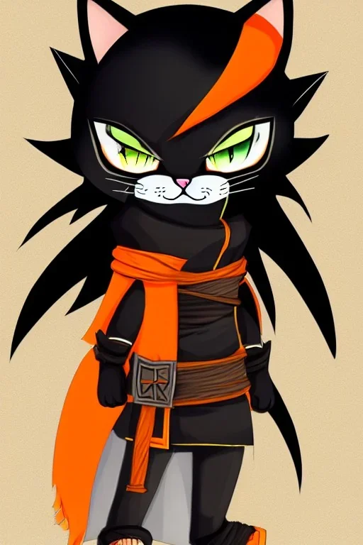 cat 2d, knight, ninja, black fur,full body, orange torn coat,game character, strong, anime, chibi