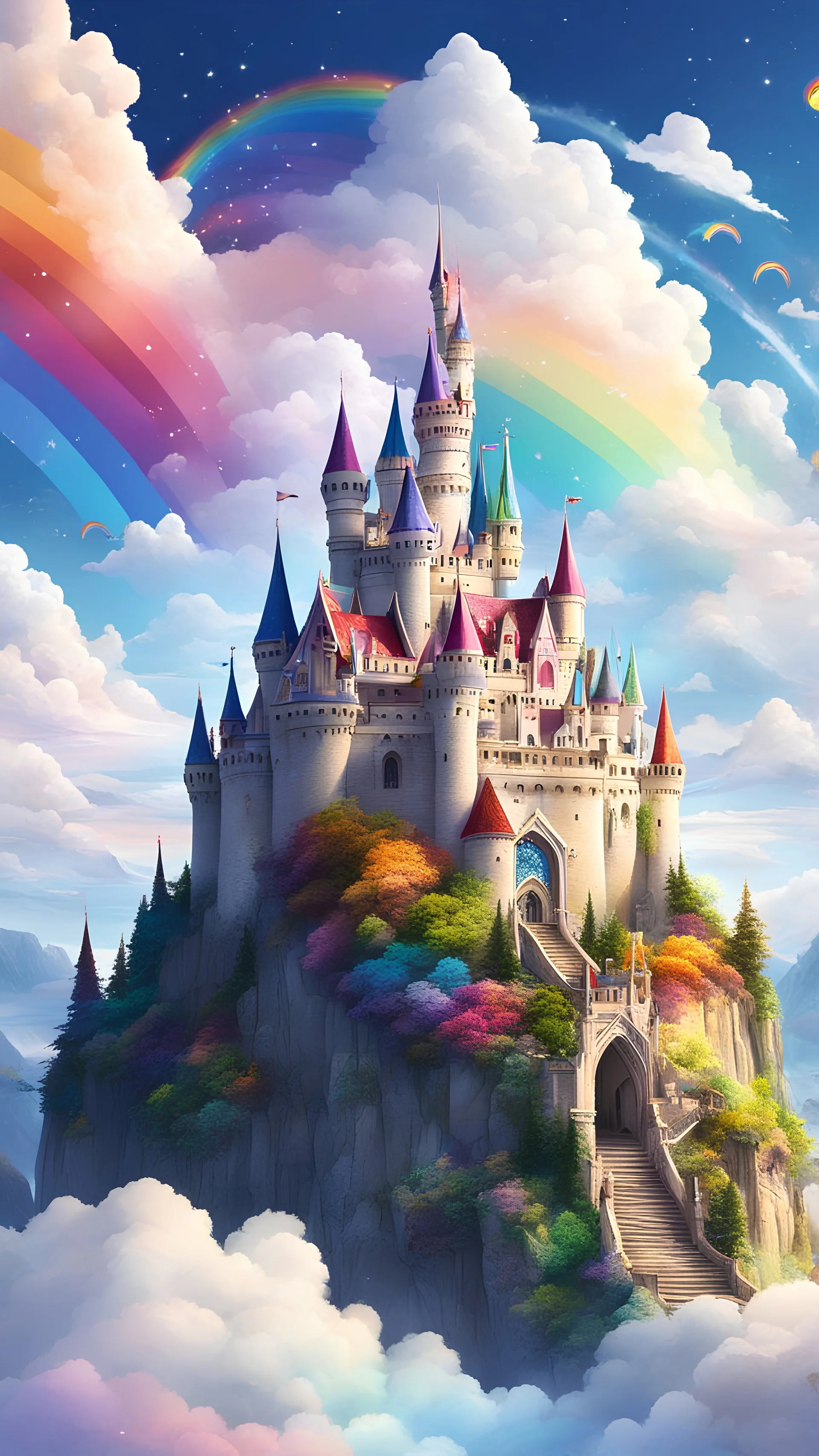 a majestic fairytale castle perched on fluffy clouds, surrounded by colorful rainbows and whimsical creatures living in harmony