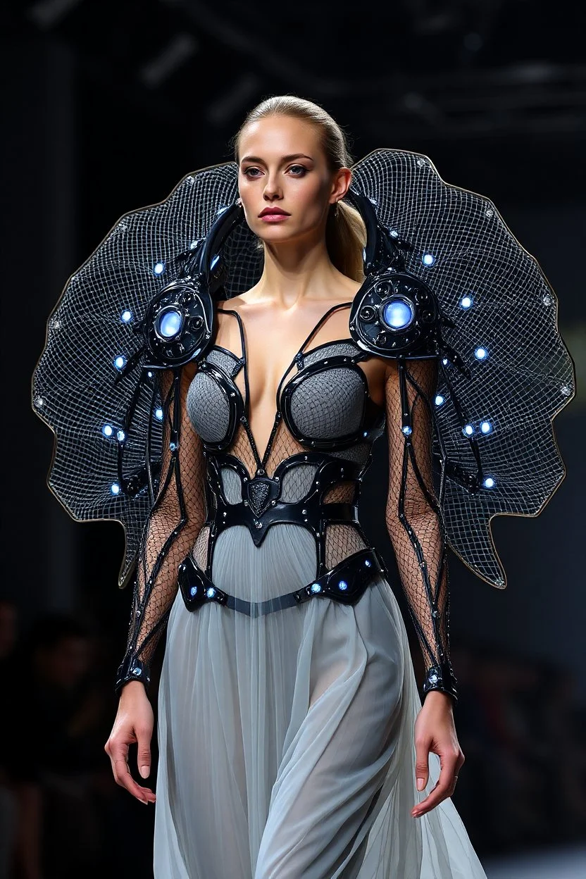 Donna in passerella con Struttura scultorea semi-rigida, tipo esoscheletro che si apre e si chiude Materiali: stampa 3D bio-based, tessuti fotocromatici, rete metallica ultra sottile Dettagli: Reazioni ottiche alla luce, conchiglia futuristica che pulsa col corpo